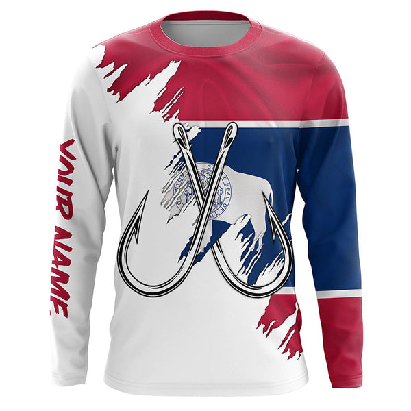 Maxcorners Wyoming flag WY Fishing Fish Hook UV protection custom long sleeve Patriotic fishing apparel MT2108