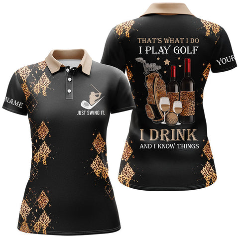 Maxcorners Black Leopard Womens Golf Polo Shirts Custom Name Funny Golf And Wine That's What I Do, I Play Golf