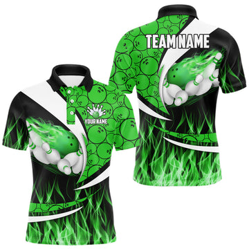 Maxcorners Green Flame Bowling Camo Bowling Polo, Quarter Zip Shirts For Men Custom Bowling Team Bowler Jerseys