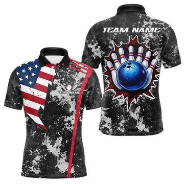 Maxcorners American Flag grunge Bowling polo shirts, 1/4 zip shirt for men Custom patriotic team bowling jerseys