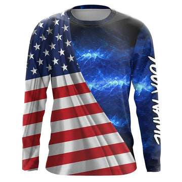 Maxcorners American Flag Universe patriotic Custom name blue galaxy UV protection long sleeve Shirts LM0501