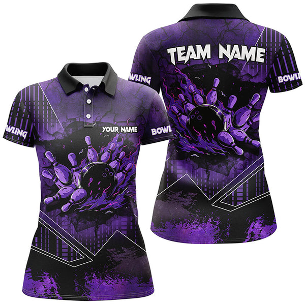 Maxcorners Bowling Ball And Pins Purple Grunge Flame Customized Name, Team Name 3D Polo Shirt