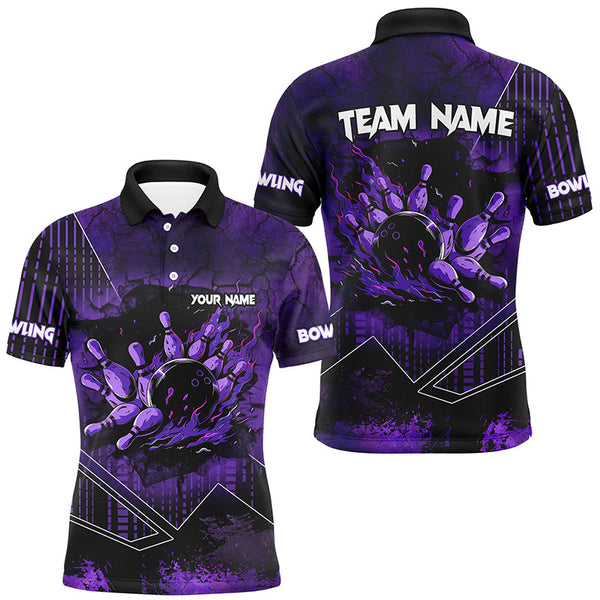 Maxcorners Bowling Ball And Pins Purple Grunge Flame Customized Name, Team Name 3D Polo Shirt