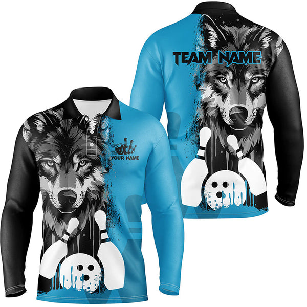 Maxcorners Black And Blue Wolf Bowling Jersey Customized Name, Team Name 3D Shirt