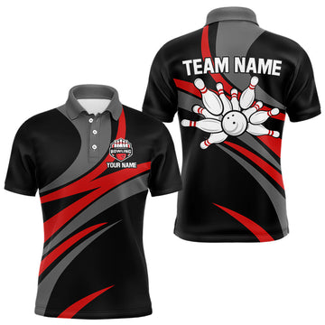 Maxcorners Red And Black Bowling Polo, Quarter Zip Shirts For Men Custom Bowling Team Jersey, Gift For Bowlers