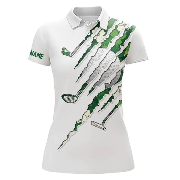 Maxcorners Green Shamrock Pattern White Mens Golf Polo Shirt Custom Golf Clubs St Patrick Day Golf Attire For Men