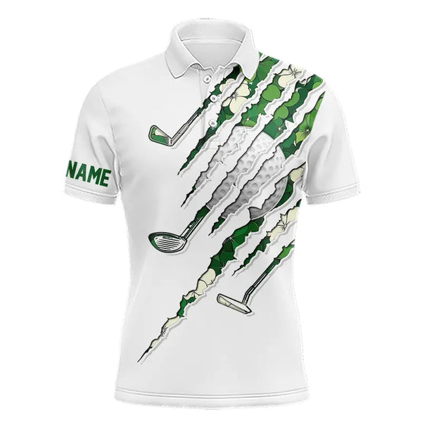 Maxcorners Green Shamrock Pattern White Mens Golf Polo Shirt Custom Golf Clubs St Patrick Day Golf Attire For Men