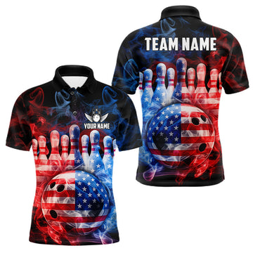 Maxcorners Smoke American Flag Bowling ball and pins Bowling Shirts for Men Custom patriotic Team Bowling Jersey LM0602