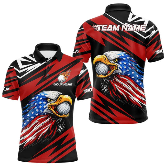 Maxcorners Custom Black and Red Camo American Flag Eagle Mens Golf Polo shirts, patriotic team mens golf tops
