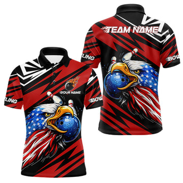 Maxcorners Custom Black and Red Camo American Flag Eagle Bowling shirts for men, patriotic bowling team shirts LM1202