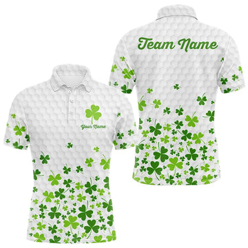 Maxcorners Custom Green shamrock pattern White Golf Polo shirts for men, St Patrick's day team mens golf wears