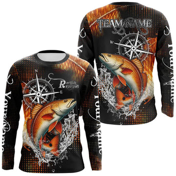 Maxcorners Personalized Black and Red Redfish fishing scales compass Performance long sleeve Fishing Team Shirts LM1112