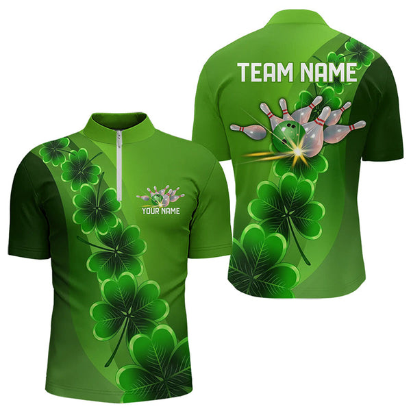 Maxcorners Green Shamrock Lucky Bowling Polo, 1/4 Zip Shirt For Men Custom St Patrick Day Bowling Team Jerseys