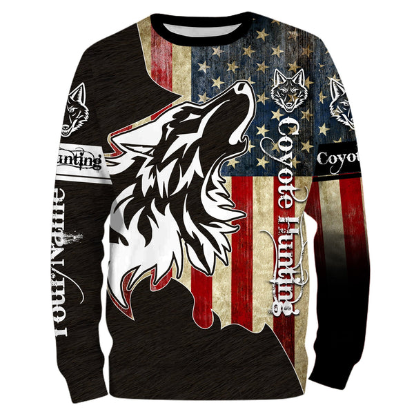 Maxcorners Coyote Hunting Camo American Flag Patriotic Coyote Tattoo Custom Name Shirt 3D All Over Printed Clothes