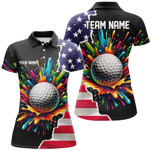 Maxcorners American Flag Black Women Golf Polo Shirt Custom Colorful Paint Golf Shirts