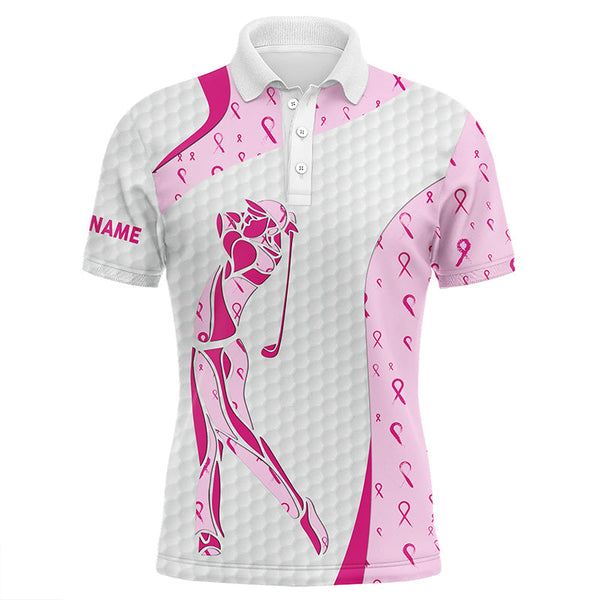 Maxcorners Personalized pink ribbon pattern breast cancer polo shirts, custom breast cancer golf shirts