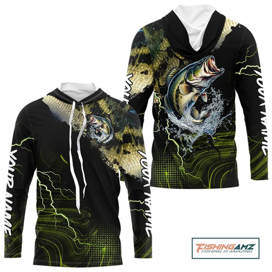 Maxcorners Personalized Largemouth bass Fishing jerseys, Bass scales lightning thunder Long Sleeve fishing shirt LM0201
