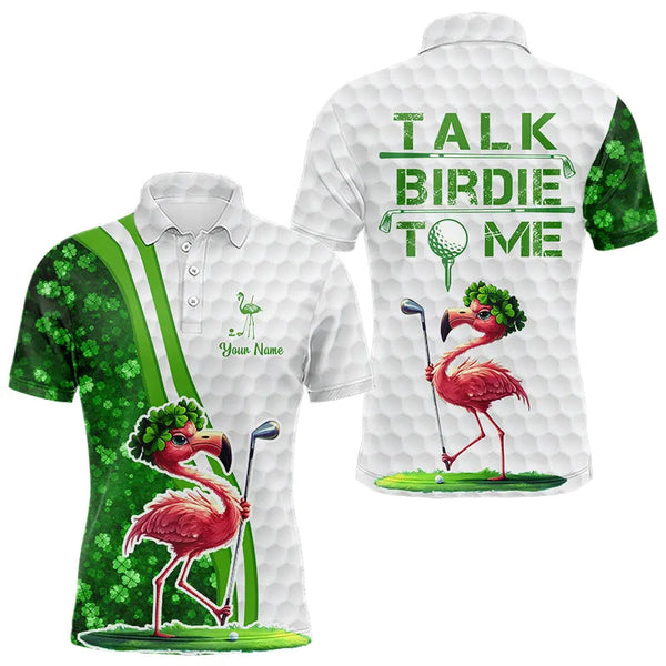 Maxcorners Funny Mens Golf Polo Shirt Custom Flamingo Green Shamrock Pattern Lucky Golf Shirts Talk Birdie To Me