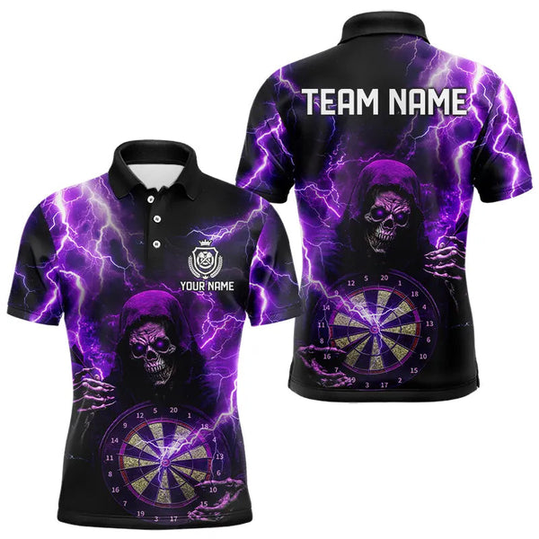 Maxcorners Personalized Skull Purple Lightning Thunder Darts Polo, 1/4 Zip Shirt For Men Custom Dart Team Jerseys
