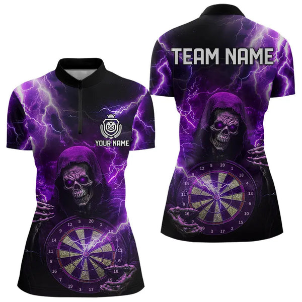 Maxcorners Personalized Skull Purple Lightning Thunder Darts Polo, 1/4 Zip Shirt For Men Custom Dart Team Jerseys