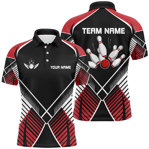 MaxCorners Bowling And Pins Black And Red Retro Customized Name 3D Polo Shirt Unisex