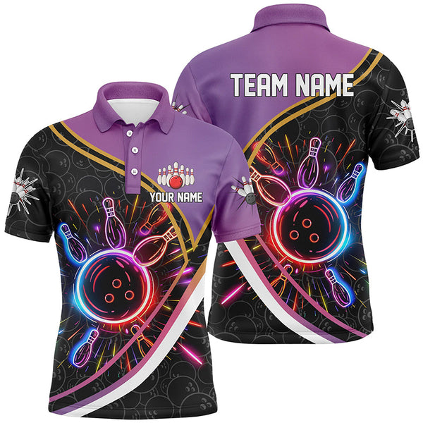 MaxCorners Bowling And Pins Purple Gradient Black Camo Customized Name 3D Polo Shirt Unisex