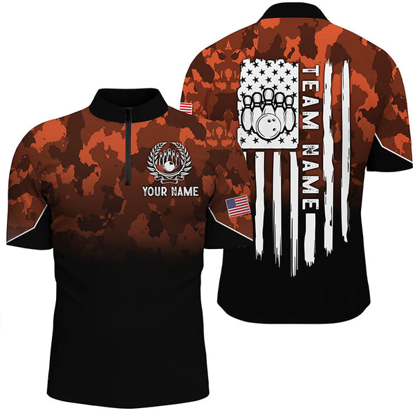 Maxcorners Bowling Ball And Pins Orange Camo American Flag Patriotic Customized Name, Team Name 3D Polo Shirt