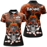 Maxcorners Bowling Ball And Pins Orange Smoke Skull  Customized Name, Team Name 3D Polo Shirt