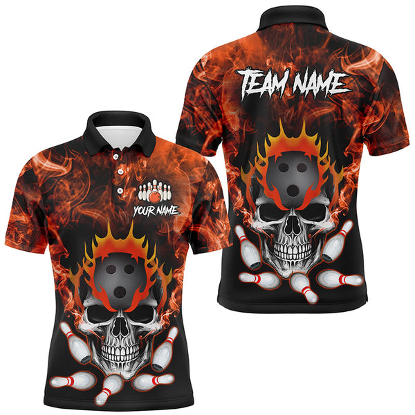 Maxcorners Bowling Ball And Pins Orange Smoke Skull  Customized Name, Team Name 3D Polo Shirt