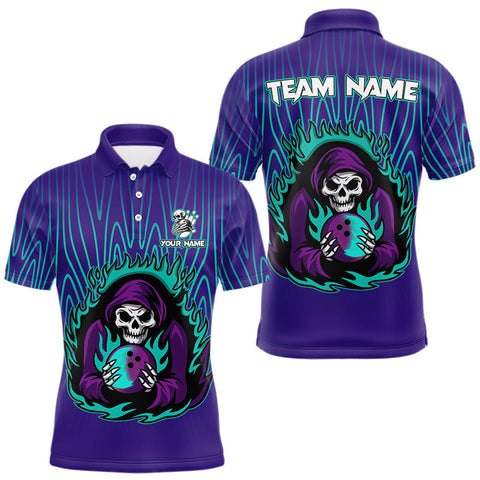 Maxcorners Custom Purple and Blue Flame Skull Reaper Bowling Shirts For Men, Personalized Bowling outfits men LM0611