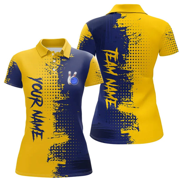 Maxcorners Blue and Yellow Bowling Polo, Quarter Zip shirts for Men Custom Bowling Team Jerseys