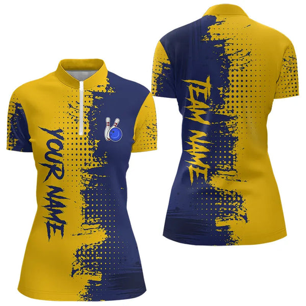 Maxcorners Blue and Yellow Bowling Polo, Quarter Zip shirts for Men Custom Bowling Team Jerseys