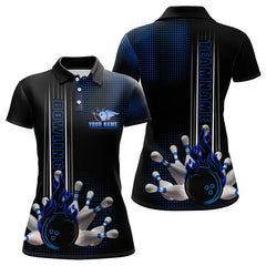 Maxcorners Personalized Black And Blue Flame Bowling Polo, Quarter Zip Shirts For Men Custom Bowling Team Jerseys