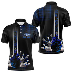Maxcorners Personalized Black And Blue Flame Bowling Polo, Quarter Zip Shirts For Men Custom Bowling Team Jerseys