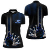 Maxcorners Personalized Black And Blue Flame Bowling Polo, Quarter Zip Shirts For Men Custom Bowling Team Jerseys