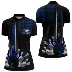 Maxcorners Personalized Black And Blue Flame Bowling Polo, Quarter Zip Shirts For Men Custom Bowling Team Jerseys