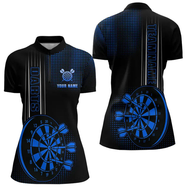 Maxcorners Personalized Black And Blue Darts Polo, Quarter Zip Shirt For Men Custom Dart Outfit Team Jerseys