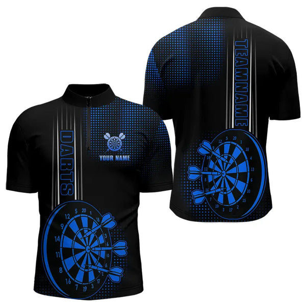Maxcorners Personalized Black And Blue Darts Polo, Quarter Zip Shirt For Men Custom Dart Outfit Team Jerseys