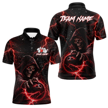 Maxcorners Custom Black And Red Lightning Thunder Skull Reaper Bowling Shirts For Men, Bowling Team Jerseys