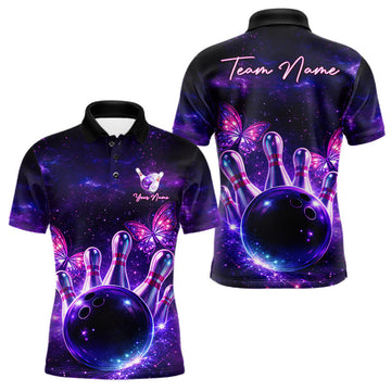 Maxcorners Custom Purple Galaxy Butterfly Bowling Shirts For Men, Bowling Team Shirt With Butterflies LM1202