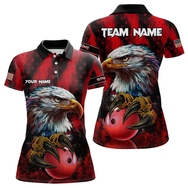 Maxcorners American Flag Eagle Bowling Polo, Quarter Zip Shirts For Men Custom Name Patriotic Bowling Team Jersey