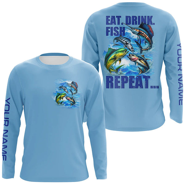 Maxcorners Saltwater offshore Fishing Custom Long Sleeve Performance Fishing shirts Eat Drink Fish Repeat | Blue LM2408