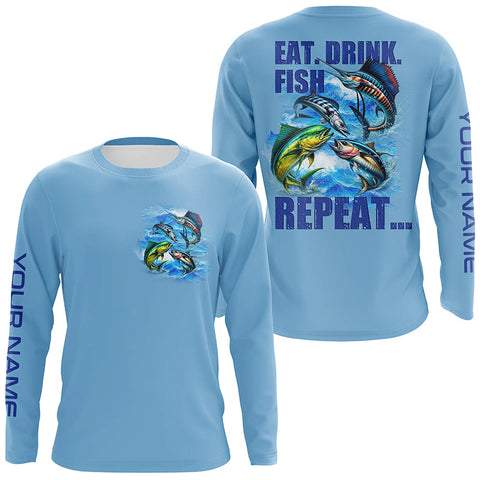 Maxcorners Saltwater offshore Fishing Custom Long Sleeve Performance Fishing shirts Eat Drink Fish Repeat | Blue LM2408