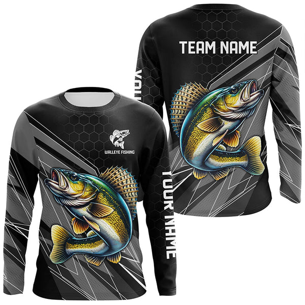 Maxcorners Personalized Black camo Walleye Fishing Jerseys, Walleye Long Sleeve Fishing Tournament Shirts MT2108