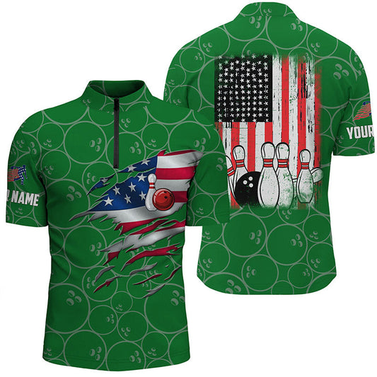 Maxcorners Green Bowling Polo Shirts Vintage American Flag Bowling Jerseys