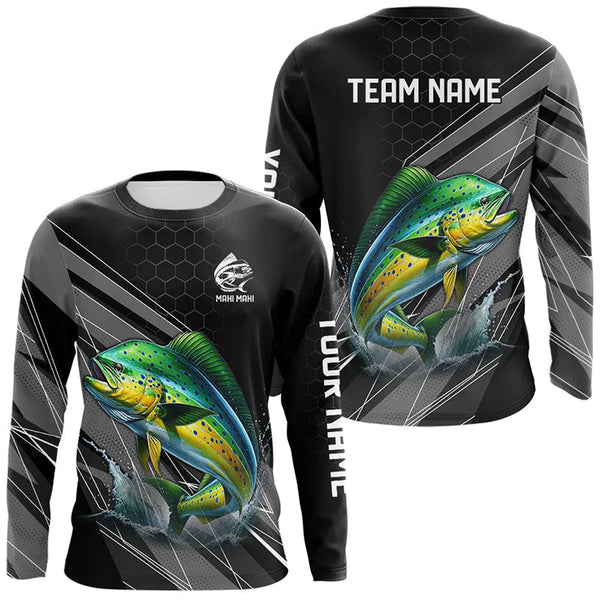 Maxcorners Personalized Black camo Mahi mahi Fishing Jersey, Dorado Long Sleeve Fishing Tournament Shirts LM0611