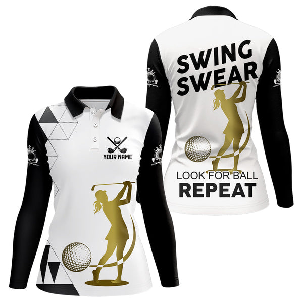 Maxcorners Black and White Womens Golf Polo Shirts custom Swing, swear, look for ball repeat golf tops for women