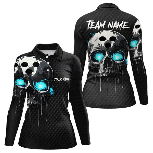 Maxcorners Black and Blue Skull Men's Bowling Polo, Quarter Zip shirts Custom Skull Team Bowling Jersey