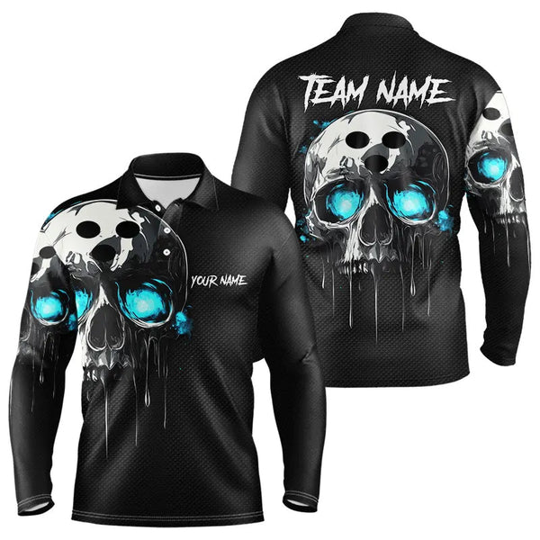 Maxcorners Black and Blue Skull Men's Bowling Polo, Quarter Zip shirts Custom Skull Team Bowling Jersey