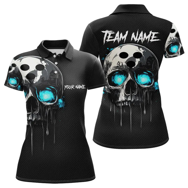 Maxcorners Black and Blue Skull Men's Bowling Polo, Quarter Zip shirts Custom Skull Team Bowling Jersey